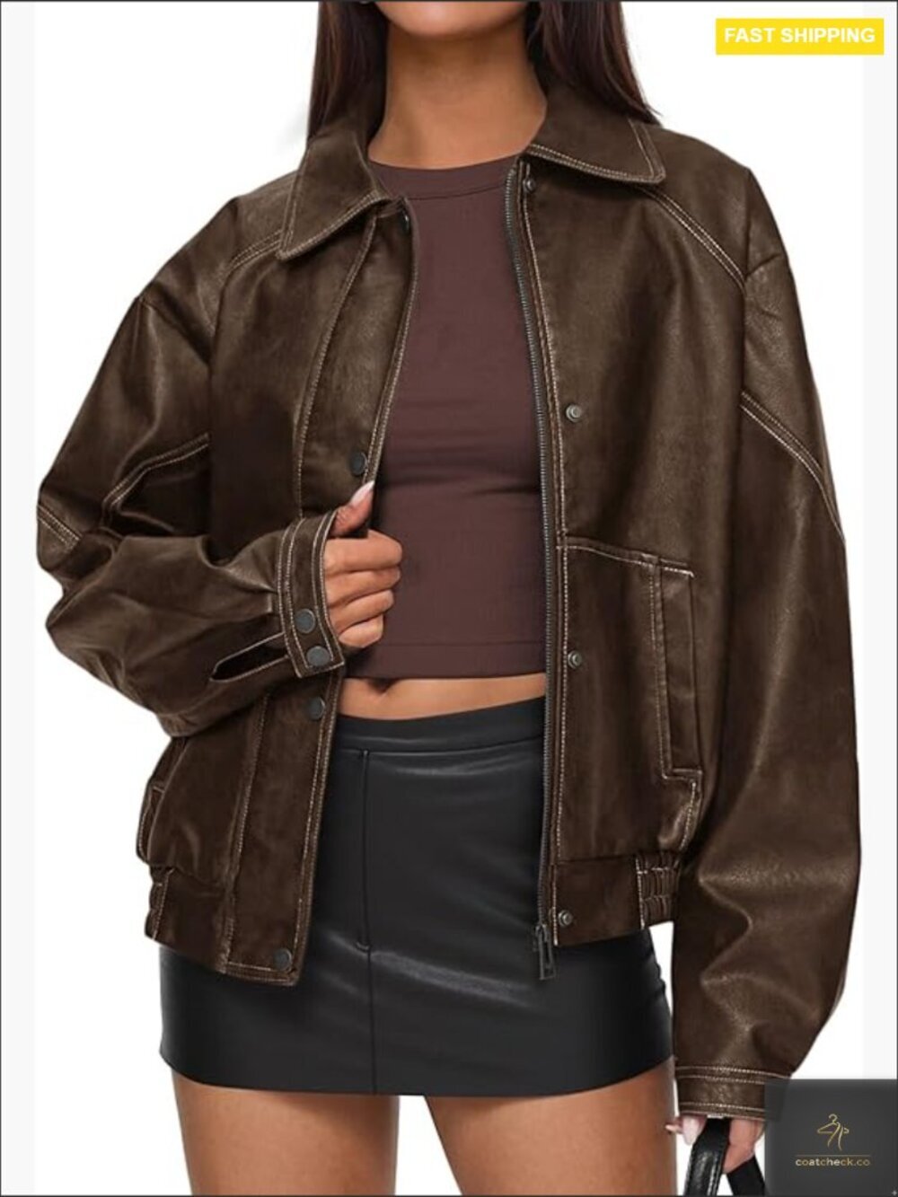 Faux Leather Bomber Jacket Oversized Motorcycle Zip Up Fall Winter Coat